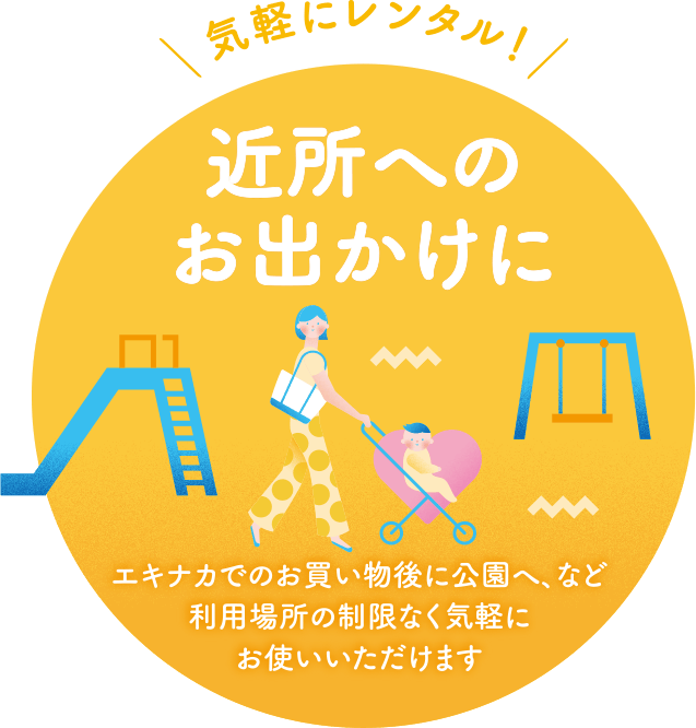 気軽にレンタル！近所へのお出かけに エキナカでのお買い物後に公園へ、など利用場所の制限なく気軽にお使いいただけます
